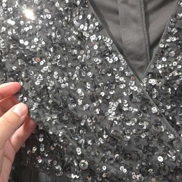 MAYA Embellished Beaded Long Sleeve Surplice Bridesmaid Mini Dress, Tulle Skirt - Picture 7 of 16